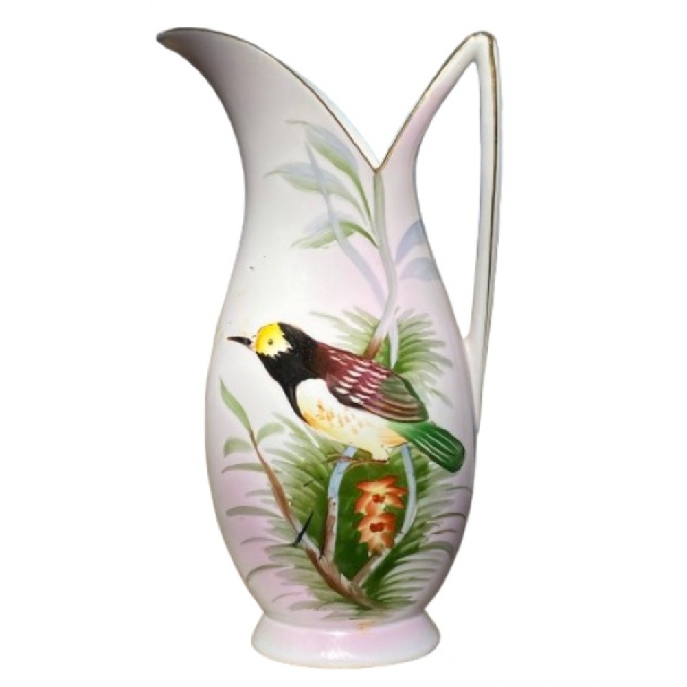 Vintage Ucagco Japan Bird Pitcher or Vase 9” Tall Hand-Painted Ceramic EUC